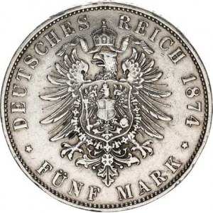 Bavorsko, Ludwig II. (1864-1886), 5 Mark 1874 D KM 502, dr. rys.