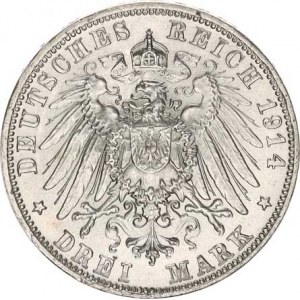 Bavorsko, Ludwig III. (1913-1918), 3 Mark 1914 D KM 1005 excelentní stav
