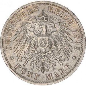 Prusko, Wilhelm II. (1888-1918), 5 Mark 1895 A KM 523, m. hr., dr. rys.