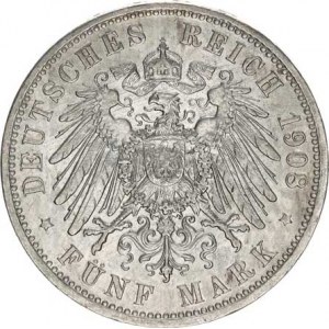 Prusko, Wilhelm II. (1888-1918), 5 Mark 1908 A KM 523, dr. rys. v av.