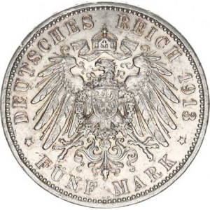 Prusko, Wilhelm II. (1888-1918), 5 Mark 1913 A - 25. výročí vlády KM 536, rysky v av.