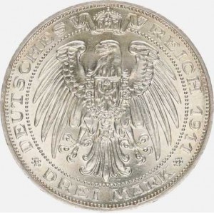 Prusko, Wilhelm II. (1888-1918), 3 Mark 1911 A - Univerzita Breslau Y. 131 /16,695 g/
