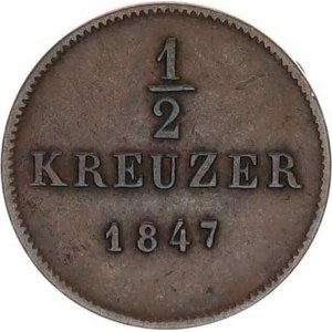 Württemberg, Wilhelm I. (1816-1864), 1/2 Kreuzer 1847 KM 585; AKS 115;