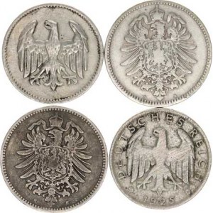 Německo, drobné ražby císařství, 1 Mark 1873 A, 1874 H, 1924 E, 1925 D 4 ks
