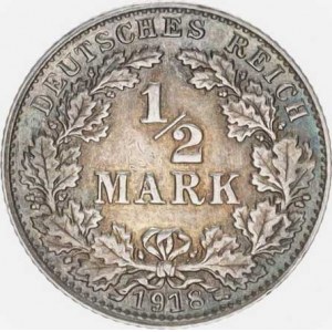 Německo, drobné ražby císařství, 1/2 Mark 1918 E R, patina