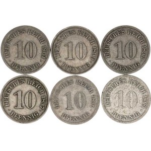 Německo, drobné ražby císařství, 10 Pfennig 1896 A, D, 1897 A, 1899 D, F, 1901 D 6 ks