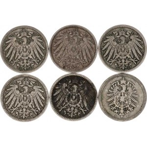 Německo, drobné ražby císařství, 5 Pfennig 1888 J, 1892 A, 1896 F, 1898 F, 1901 E, 1908 F 6 ks