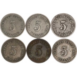 Německo, drobné ražby císařství, 5 Pfennig 1889 E, 1898 F, 1902 G, 1905 D, 1907 G, 1914 E 6 ks