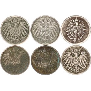 Německo, drobné ražby císařství, 5 Pfennig 1889 E, 1898 F, 1902 G, 1905 D, 1907 G, 1914 E 6 ks