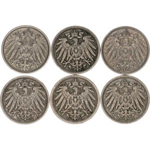 Německo, drobné ražby císařství, 5 Pfennig 1895 F, 1898 F, 1906 D, G, 1911 F, 1912 G 6 ks