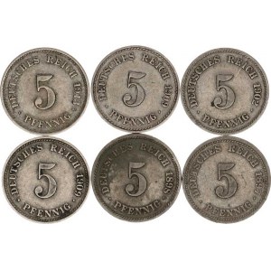 Německo, drobné ražby císařství, 5 Pfennig 1897 D, 1898 F, 1902 F, 1909 A, D, 1913 G 6 ks