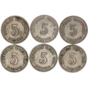 Německo, drobné ražby císařství, 5 Pfennig 1906 D, G, 1908 D, F, J, 1915 F 6 ks
