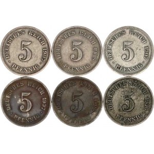 Německo, drobné ražby císařství, 5 Pfennig 1906 D, G, 1907 D, F, G, 1908 G 6 ks
