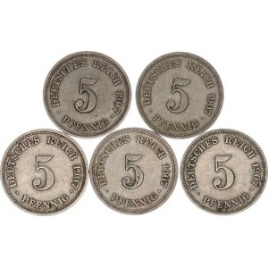 Německo, drobné ražby císařství, 5 Pfennig 1907 D, E, F, G, J 5 ks