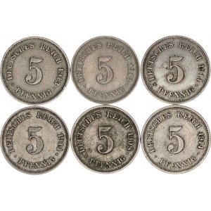 Německo, drobné ražby císařství, 5 Pfennig 1908 G, 1913 E, G, 1914 E, F, 1914 E 6 ks