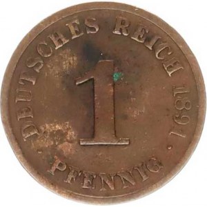 Německo, drobné ražby císařství, 1 Pfennig 1891 J R, patina, tém.