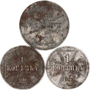 Německo, Vojenské mince pro východní frontu, 2 Kopějka 1916 J; +1 Kopějka 1916 A, J 3 ks, koroze