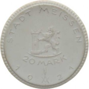 Německo, Nouzová platidla, Míšeň - 20 Mark 1921, rostoucí lev zleva drži věž / Panna Maria p