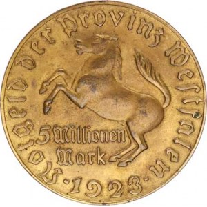 Německo, Nouzová platidla, Westfahlen - 5 Millionen Mark 1923, Stein Cu zlacené 44 mm