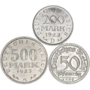 Výmarská republika (1918-1933), 500 Mark 1923 A, 200 Mark 1923 D, 50 Pfennig 1920 D 3 ks