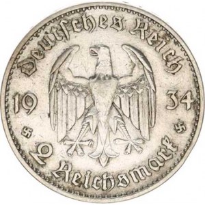 Německo - 3 říše, 1933-1945, 2 RM 1934 A - kostel s datem KM 81, dr. rys.