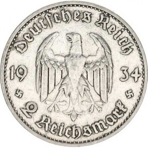 Německo - 3 říše, 1933-1945, 2 RM 1934 A - kostel s datem KM 81