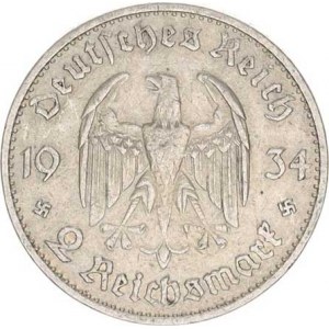 Německo - 3 říše, 1933-1945, 2 RM 1934 G - kostel s datem, dr. rys., tém.