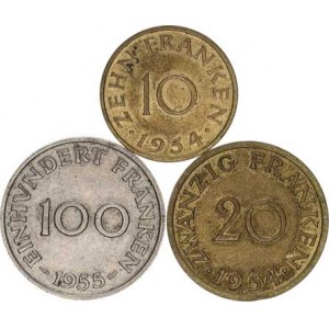 Saarland, 10, +20 Franken 1954; +100 Franken 1955 3 ks R