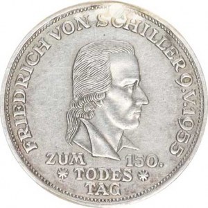 Německo - BRD (1949-), 5 DM 1955 F - Schiller RR KM 114, zapravená dírka