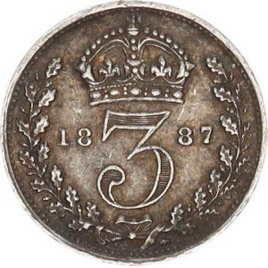 Anglie, Victoria (1837-1901), 3 Pence 1887 - druhý typ portrétu KM 758