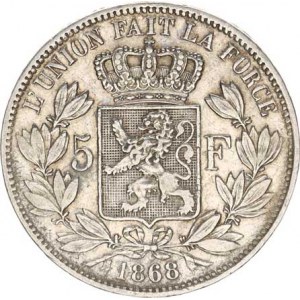 Belgie, Leopold II.(1865-1909), 5 Francs 1868 KM 24 24,717g, tém.