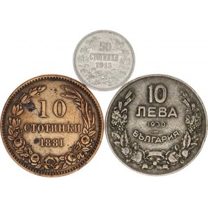 Bulharsko, Ferdinand I. (1887-1918), 50 Stotinki 1913, +10 Stotinki 1881, +10 Leva 1930 3 ks