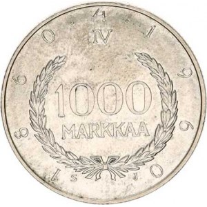 Finsko, 1 000 Markkaa 1960 SJ - 100. výročí KM 43 Ag 875 14,00 g