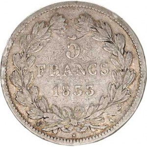 Francie, Louis Philippe (1830-1848), 5 Francs 1833 A KM 749,1 24,489g, škr.