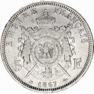 Francie, Napoleon III.(1852-1870), 5 Francs 1867 A KM 799.1, vlas. škrt, hr.