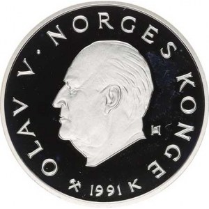 Norsko, Harald V. (1991-), 50 Kroner 1991 K - OH 1994 Lillehammer, tři lyžaři KM 431