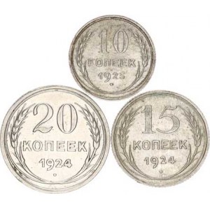 SSSR, 10 Kopějka 1924, +15 Kop. 1924, +20 Kop. 1924 vše Ag
