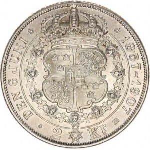 Švédsko, Oscar II. (1872-1907), 2 Kronor 1907 EB - Zlatá svatba KM 776 Ag 800 15 g