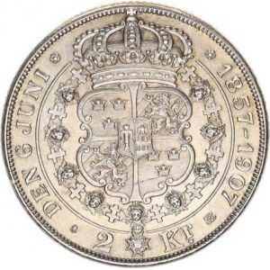 Švédsko, Oscar II. (1872-1907), 2 Kronor 1907 EB - Zlatá svatba KM 776 Ag 800 15 g