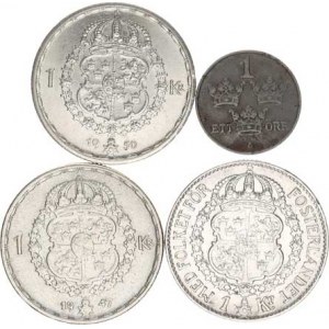 Švédsko, Gustav V. (1907-1950), 1 Krona 1941 G, 1947 TS, 1950 TS; +1 Öre 1918 4 ks