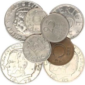 Švédsko, Charles XVI.(1973-), Konvolut 8 ks mincí: 1 Krona 1971, 1978, 1985, +50 Öte 1977, +25