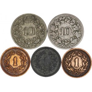 Švýcarsko, 1 Rappen 1913, 1934, 1942; +10 Rappen 1850, 1895 vše B 5 ks