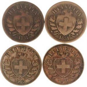 Švýcarsko, 2 Rappen 1851 A (2x), 1903 B, 1914 B 4 ks