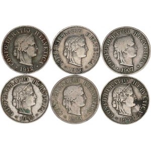 Švýcarsko, 5 Rappen 1883, 1907, 1912, 1926, 1943(2x) vše B 6 ks