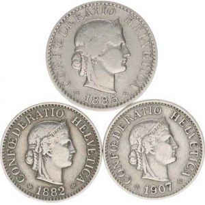 Švýcarsko, 10 Rappen 1882, 1907; +20 Rappen 1885 vše B 3 ks