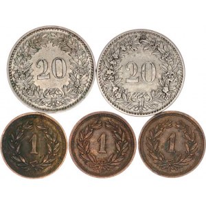 Švýcarsko, 20 Rappen 1891, 1956; +1 Rappen 1919, 1929, 1932 vše B 5 ks
