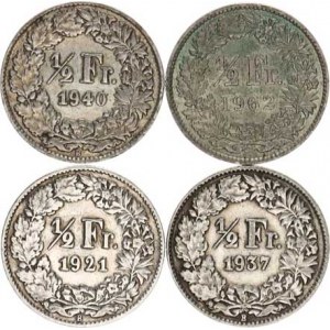 Švýcarsko, 1/2 Francs 1921, 1937, 1940, 1962 vše B 4 ks
