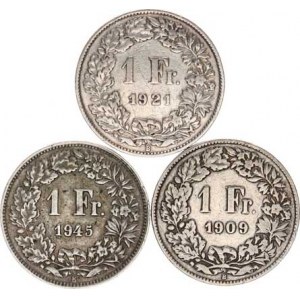 Švýcarsko, 1 Francs 1909 B, 1921 B, 1945 B 3 ks