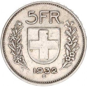 Švýcarsko, 5 Francs 1932 B KM 40¨, dr. rys. tém.
