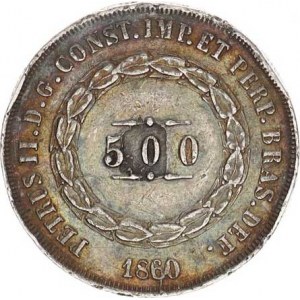 Brazilie, Pedro II. (1831-1889), 500 Reis 1860 Ag 917 6,37 g KM 464, hry.